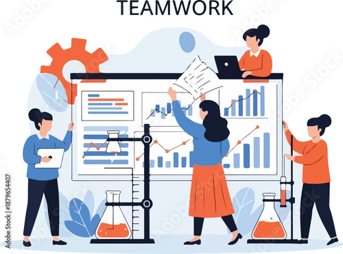 Illustration of a diverse team collaborating on a large graph display with charts and data in a modern office setting with a professional and productive mood.