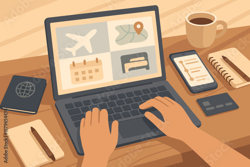 Illustration streaming cup hands notebook online desk laptop vector planning sunlight travel