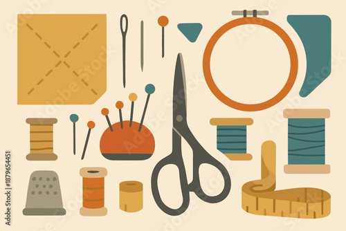 Abstract spools embroidery flat supplies pins tape layout illustration tools sewing geometric