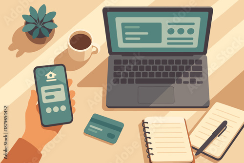 Highlighting account mobile plant view workspace digital overview small vector illustration banking