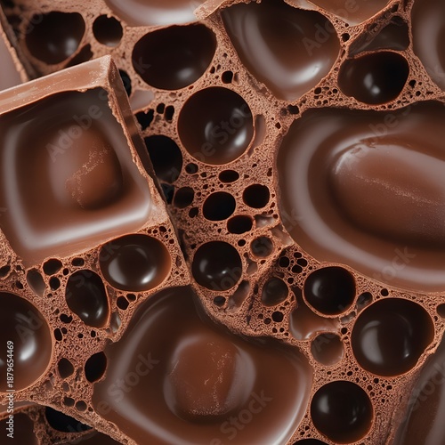 Close-up macro shot of aerated milk chocolate with porous bubbly texture and smooth surface for sweet dessert food background
