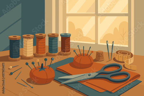 Fabric window sunlight arranged illustration thread sewing thimble workspace essentials vector pins
