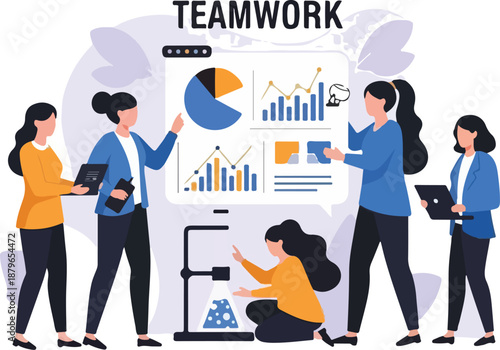 Illustration of a diverse team collaborating and analyzing data charts and graphs in a modern setting with a professional and productive mood.