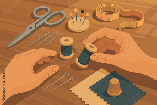 Softly tools close sewing picking hands table sunlight scissors vector illustration surface