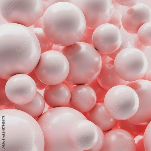 Luxurious pink pearl wave background with glossy reflective spheres of various sizes isolated on a soft pastel pink backdrop
