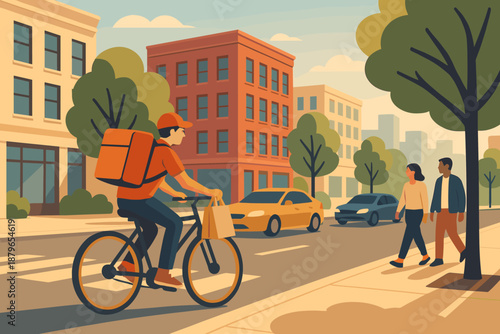 Vector pedestrians street person buildings urban carrying sunlight meal illustration delivery