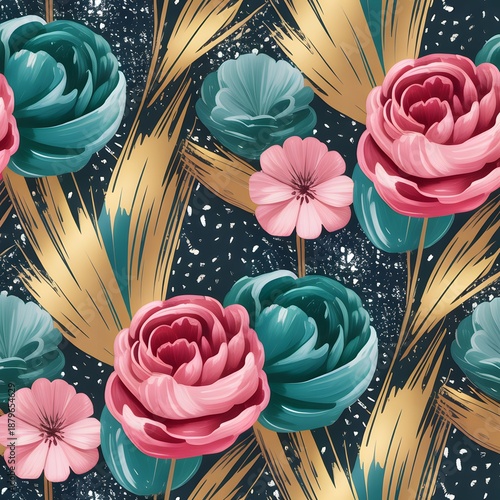 Elegant seamless pattern featuring pink and teal roses with golden brushstrokes on a dark glittery background for luxury textiles
