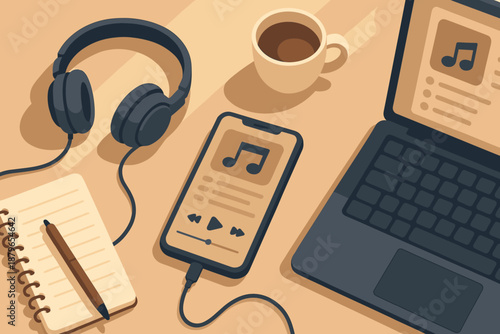 Surfaces illustration smartphone desk laptop app coffee showing vector music scene