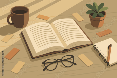 Glasses vector reading lying illustration cozy cup nook illuminating coffee small scene