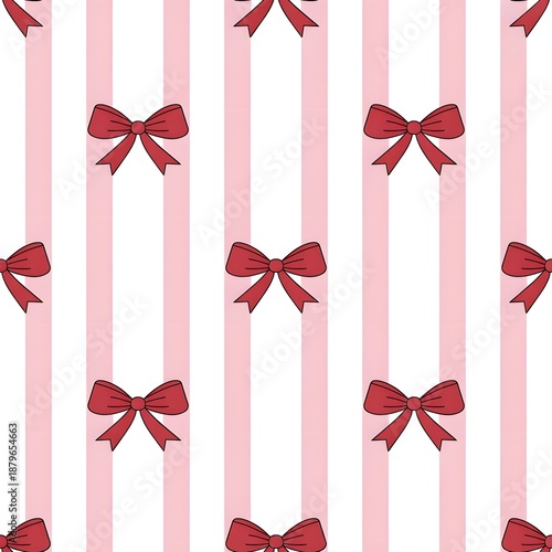 Cute seamless pattern featuring red gift bows on pink striped background for festive wrapping paper, fabric design, and holiday
