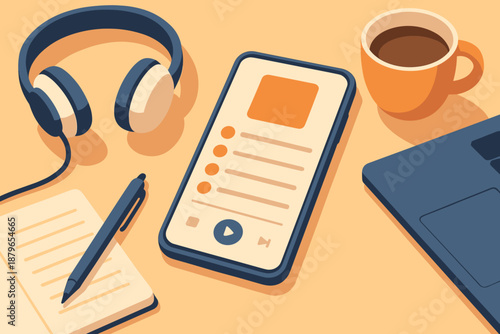Workspace vibes notebook headphones vector displaying pen musical laptop bright flat playlists