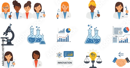 Flat lay of various science and innovation related icons and illustrations on a clean white background.