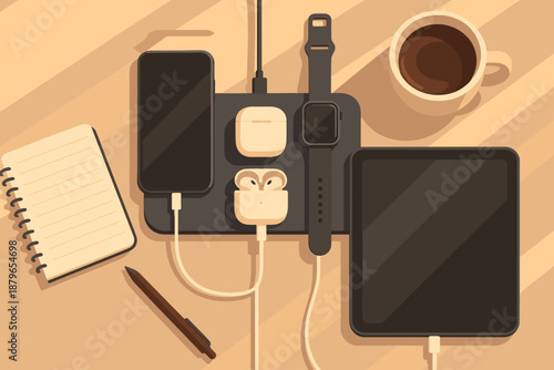 Station gadget to pen softly cup notebook vector smartphone illustration charging arranged