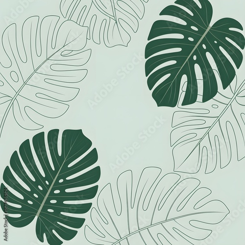 Minimalist botanical background featuring dark green monstera leaves and delicate line art foliage on a soft mint green backdrop
