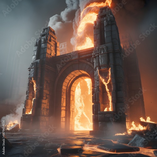 Ancient stone archway on fire with glowing lava cracks and thick smoke under a dark dramatic fantasy sky background
