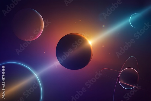 Abstract 3D futuristic space scene with orbiting planets and glowing iridescent rings under a dark sky with cinematic lighting
