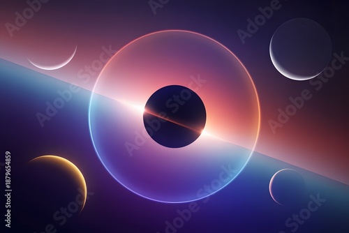 Abstract 3D futuristic space scene with orbiting planets and glowing iridescent rings under a dark sky with cinematic lighting
