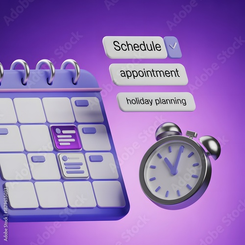3D blue calendar icon with floating schedule labels and alarm clock for effective time management and productive business organization
