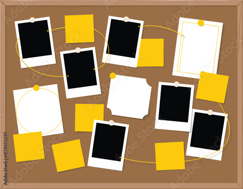 Cork bulletin board with pinned photo frames sticky notes and connected strings for investigation planning memory wall vector illustration design