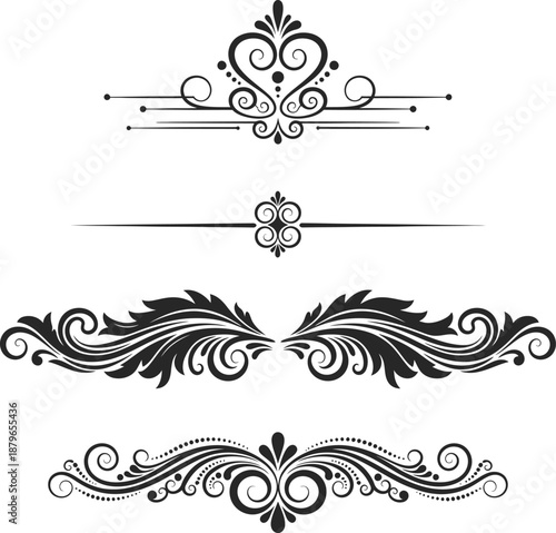 Elegant black ornamental design elements and floral patterns  various shapes and sizes