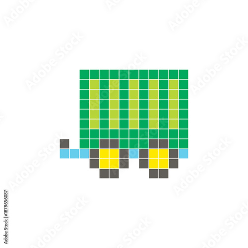 A flat pixel design made of geometric square color blocks on a clean icon layout. Pixel art cargo trailer