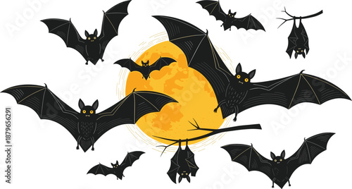 Flying bats, full moon, spooky silhouettes, Halloween night, glowing eyes, vector illustration, black bat graphics, eerie forest, scary wildlife, horror theme