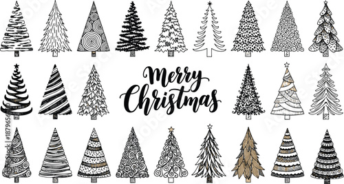 Hand drawn Christmas tree illustration set, decorative fir and pine designs, festive holiday doodles, Merry Christmas lettering, black and white vector collection