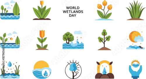 Flat lay of various World Wetlands Day icons featuring plants, water, and sun illustrations on a clean white background.