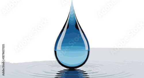 A single blue water droplet creating ripples on a calm surface with a white background.