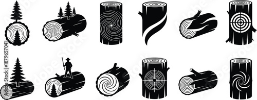 Tree stump silhouettes, wood log icons, forest rings, lumberjack graphics, pine textures, nature symbols, black vector illustrations, abstract timber designs, outdoor elements