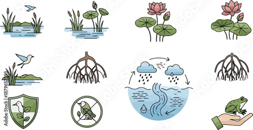 Collection of various eco-friendly and nature conservation icons including water, plants, and animals in a flat, illustrative style against a clean white background.