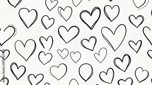 A seamless pattern of minimalist hand-drawn heart outlines in various sizes
