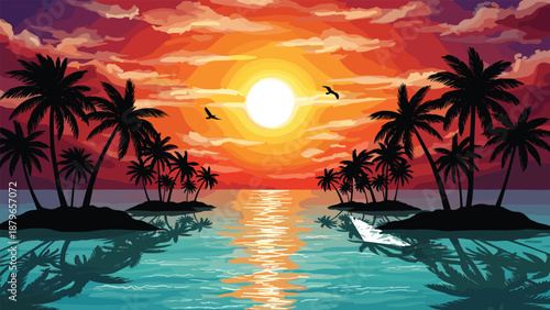 Tropical sunset, palm tree silhouette, ocean reflection, colorful sky, birds flying, boat on water, summer paradise, vector illustration, nature landscape
