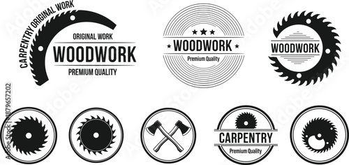 Vintage woodworking and carpentry logo collection, circular saw blade badges, crossed axe icons, premium quality woodwork, black and white vector illustration
