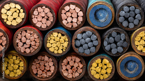 Macro Close-Up of Electrical Wire Ends: A Colorful Display of Copper, Yellow, and Black Cables Revealing Intricate Textures and Industrial Details. Diverse Application