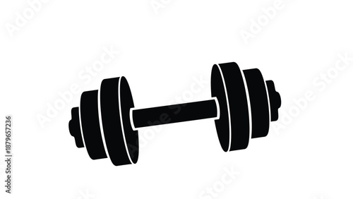 Simple black and white icon illustrating a classic adjustable dumbbell weight designed for strength training and serious physical fitness routines at the gym or home.