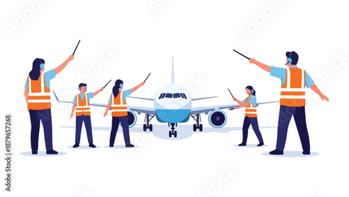 Airport ground crew directing airplane vector illustration