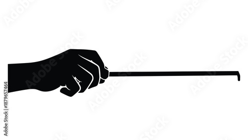 Silhouette of a hand firmly gripping a thin baton or tool with a slightly hooked end against a plain white background illustrating control or direction.