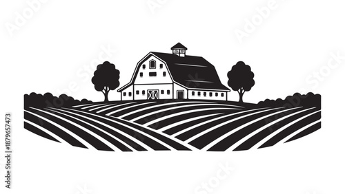 vector silhouette Rustic farmhouse in countryside with crops and trees