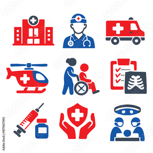 Modern Hospital, Doctor, and Patient Care Solid Symbols