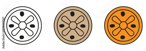 Stylized citrus fruit slice icon in outline, brown, and vibrant orange variations