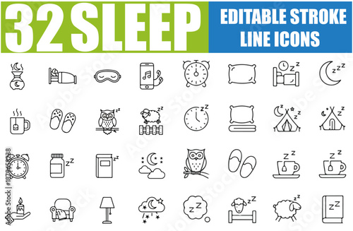Set of 32 outline icons related to sleep. Linear icon collection. Editable stroke. Vector illustration, SEO OPTIMIZED AND TOP RANKED IN ADOBE STOCK AND SHUTTERSTOCK