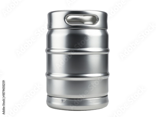 A single stainless steel keg on a plain white background, great for product or food photography