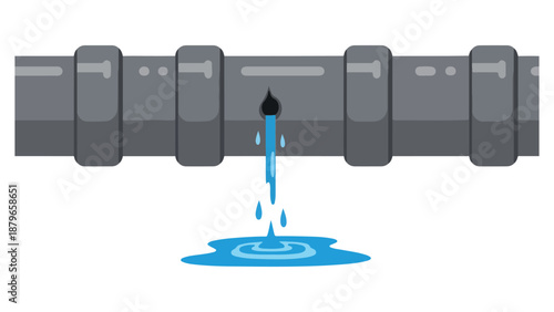 Leaky pipe with water droplets and puddle illustration