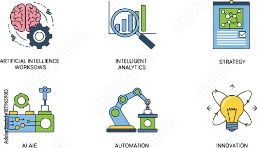Flat lay of colorful icons representing, intelligent analytics, strategy, automation, and innovation on a clean white background with a technological and informative mood.