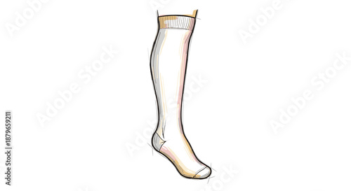 Illustration of a single white thigh-high sock isolated on a clean background with subtle shading and detailed stitching
