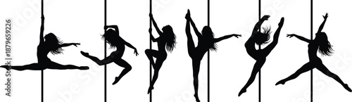 Dynamic silhouettes of female pole dancers performing athletic movements, showcasing flexibility, balance, acrobatics, and artistic dance technique on fitness poles against a clean white background.