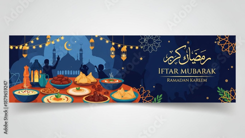 Ramadan Iftar Mubarak banner with traditional food spread mosque silhouette and festive lights celebrating Islamic holy month