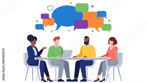 Vector illustration of a diverse group of people in a meeting, discussing ideas with speech bubbles