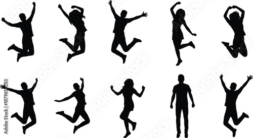 Energetic silhouettes of people jumping and dancing in joyful celebration, expressing happiness, freedom and positive lifestyle motion in high contrast black figures on a white background.